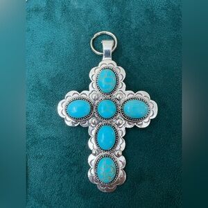 CROSS Vintage Silver Blue Howlite Magnetic Closure Bag Charm or Necklace Pendant